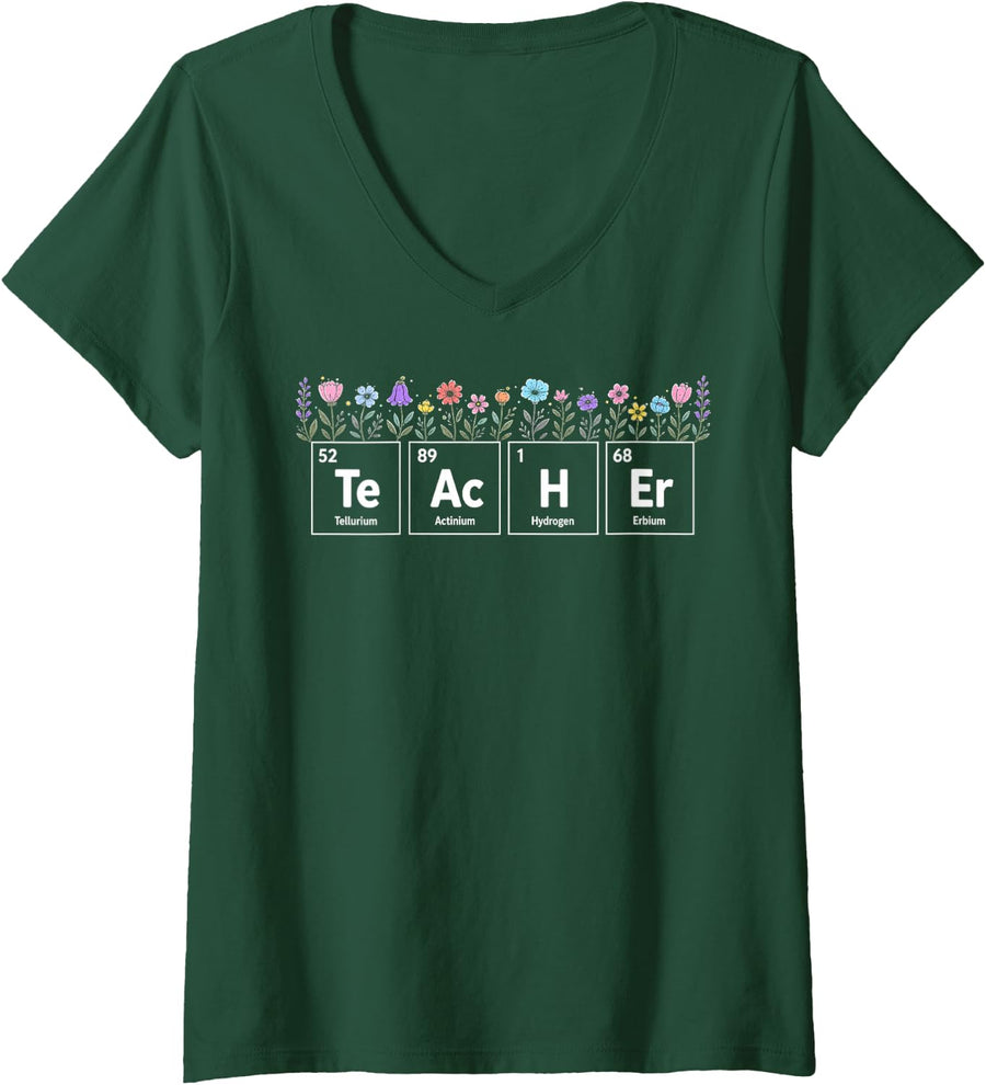 Women's Teacher Periodic Table Floral Chemistry Science Nerd Biology V-Neck T-Shirt - Dark Green
