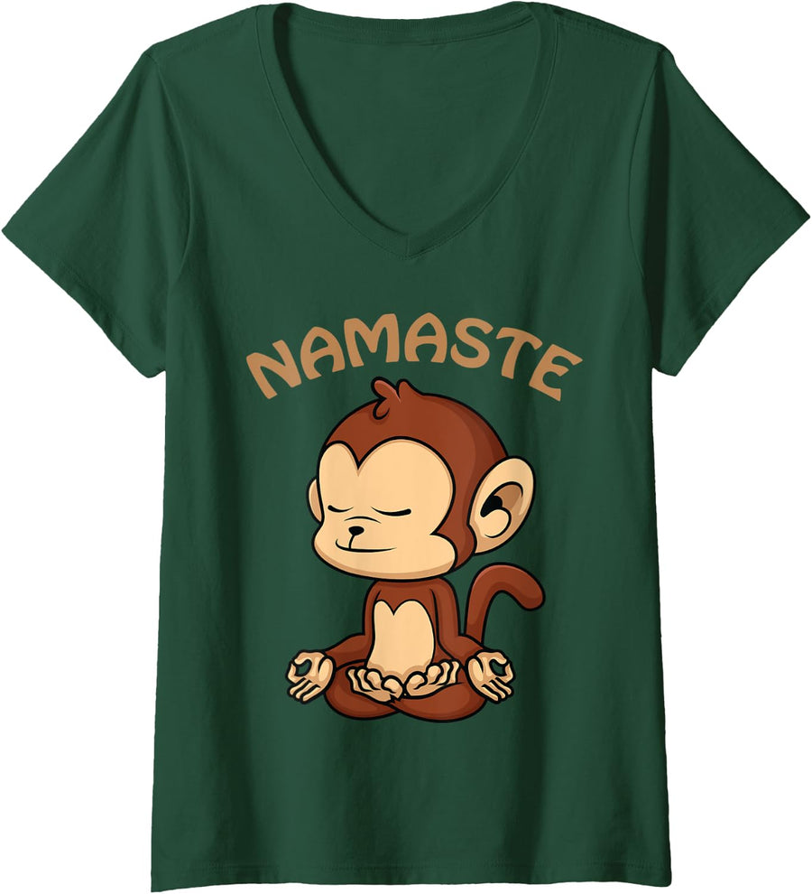 Womens Monkey Yoga Gifts Funny Monkey Lovers Gift Cute Namaste Yoga V-Neck T-Shirt - Dark Green