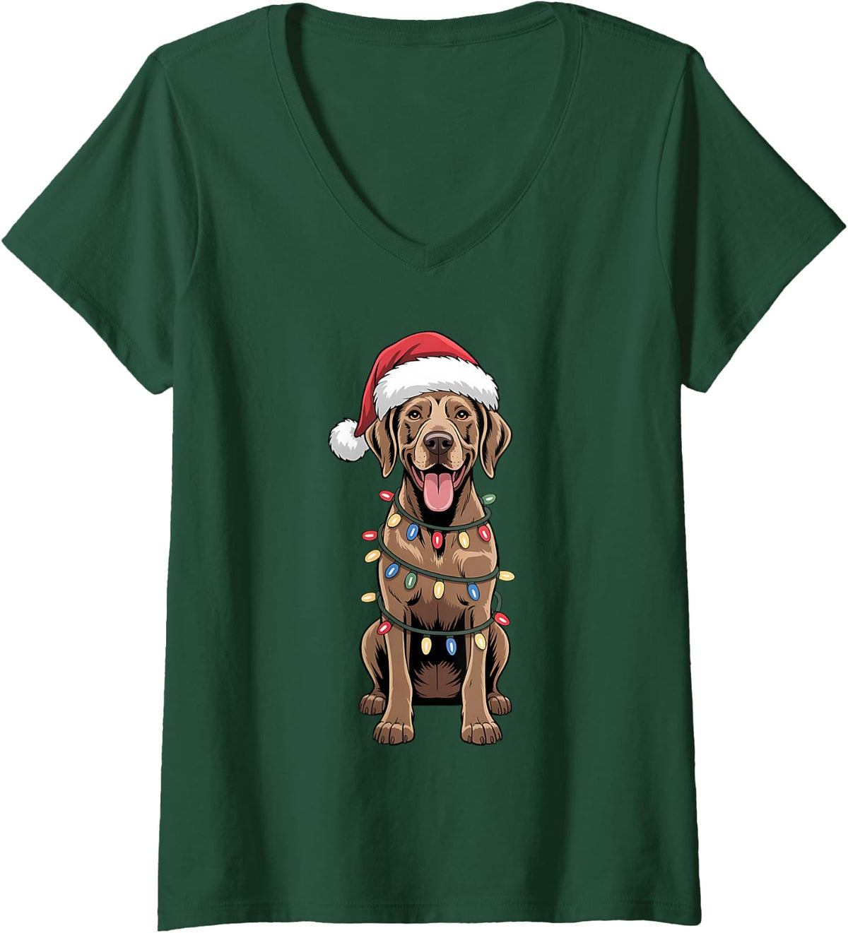 Women's Christmas German Shorthaired Pointer Dog Lights Xmas V-Neck T-Shirt - Dark Green