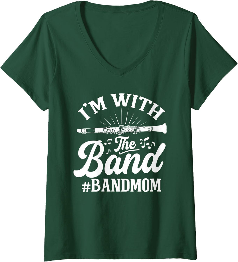 Women's I'm with The Band - Mom Clarinet Player Clarinetist V-Neck T-Shirt - Dark Green