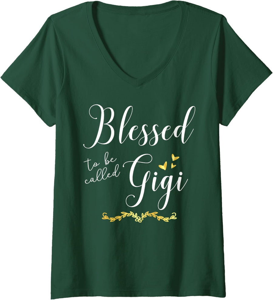 Womens Blessed To Be Called Gigi Women Christmas Mother's Day V-Neck T-Shirt - Dark Green