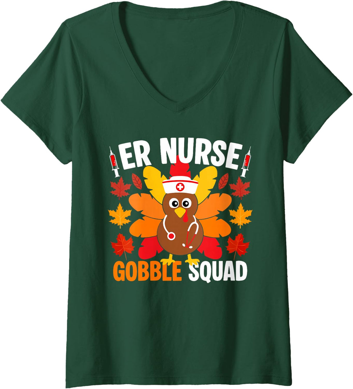 Women's ER Nurse Gobble Squad Funny Fall Turkey Thanksgiving V-Neck T-Shirt - Dark Green