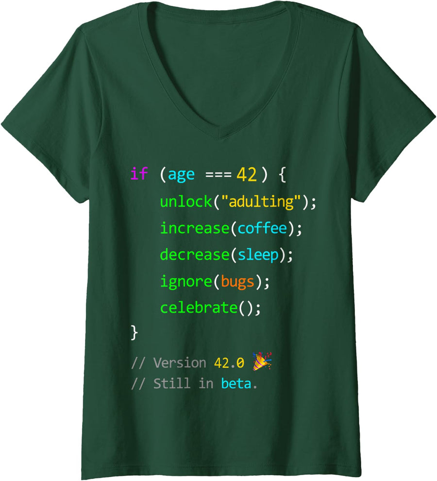 Women's 42nd Birthday 42 Years Old Coder Humor Programmer Men V-Neck T-Shirt - Dark Green