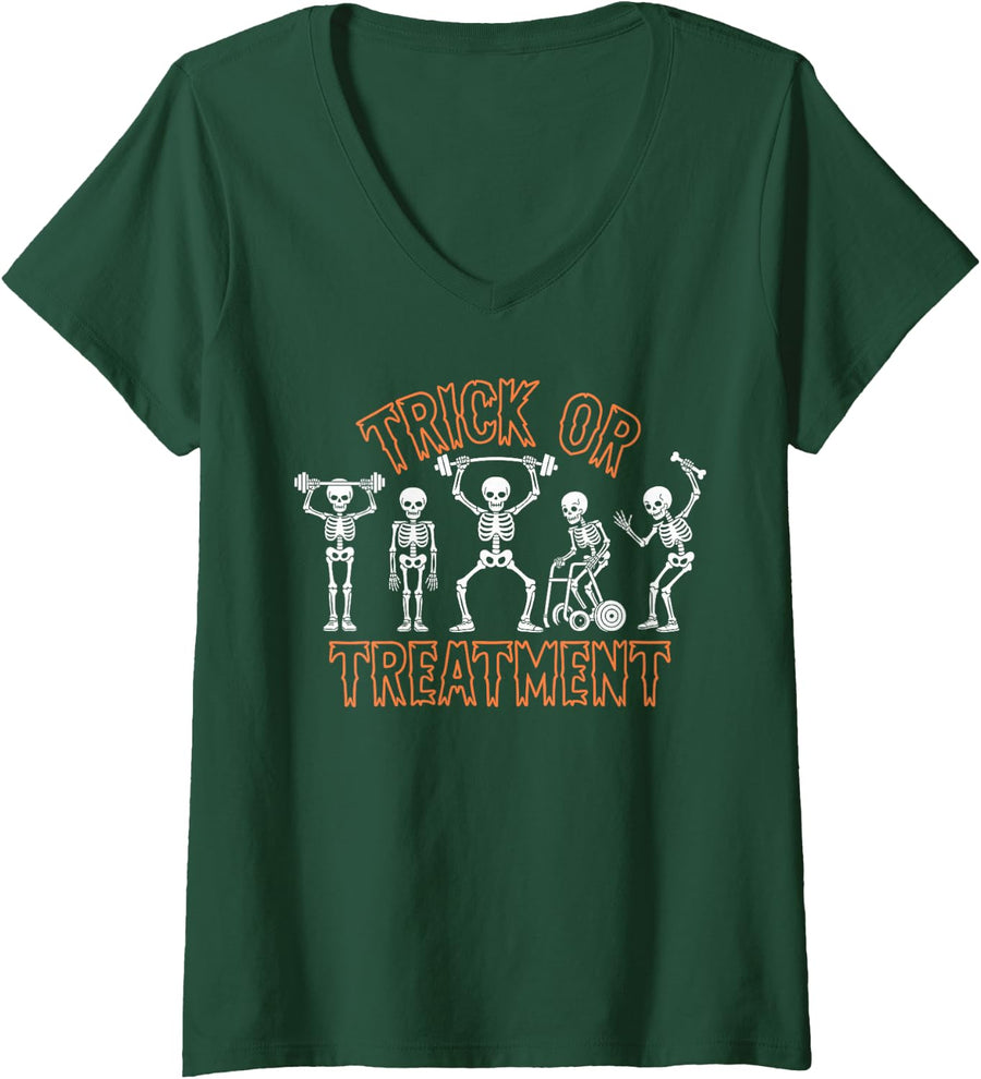 Women's Trick Or Treatment Halloween Physical Therapy Skeleton PT V-Neck T-Shirt - Dark Green