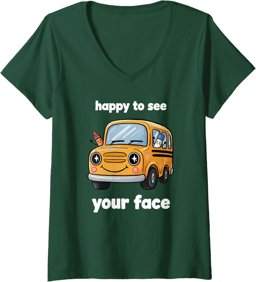 Women's Happy to See Your Face Kindergarten Teacher First Day Cute V-Neck T-Shirt - Dark Green