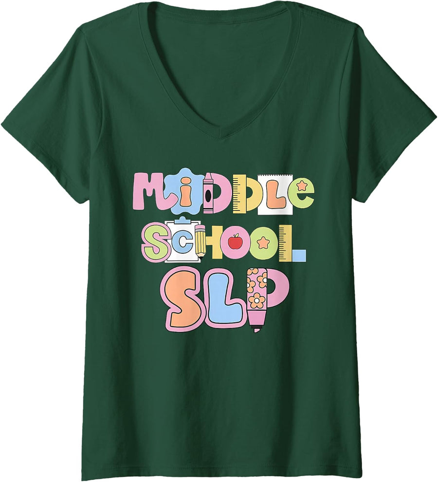 Women's Retro Middle School SLP Teacher Speech Language Pathology V-Neck T-Shirt - Dark Green