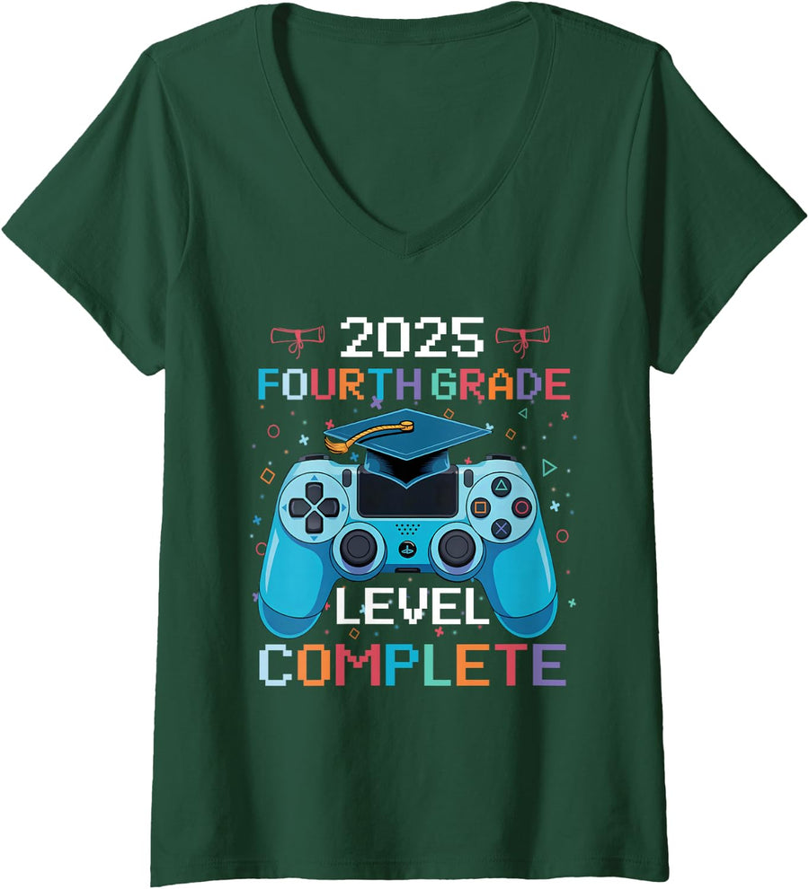 Women's 4th Grade Level Complete Video Gamer Boy Graduation V-Neck T-Shirt - Dark Green