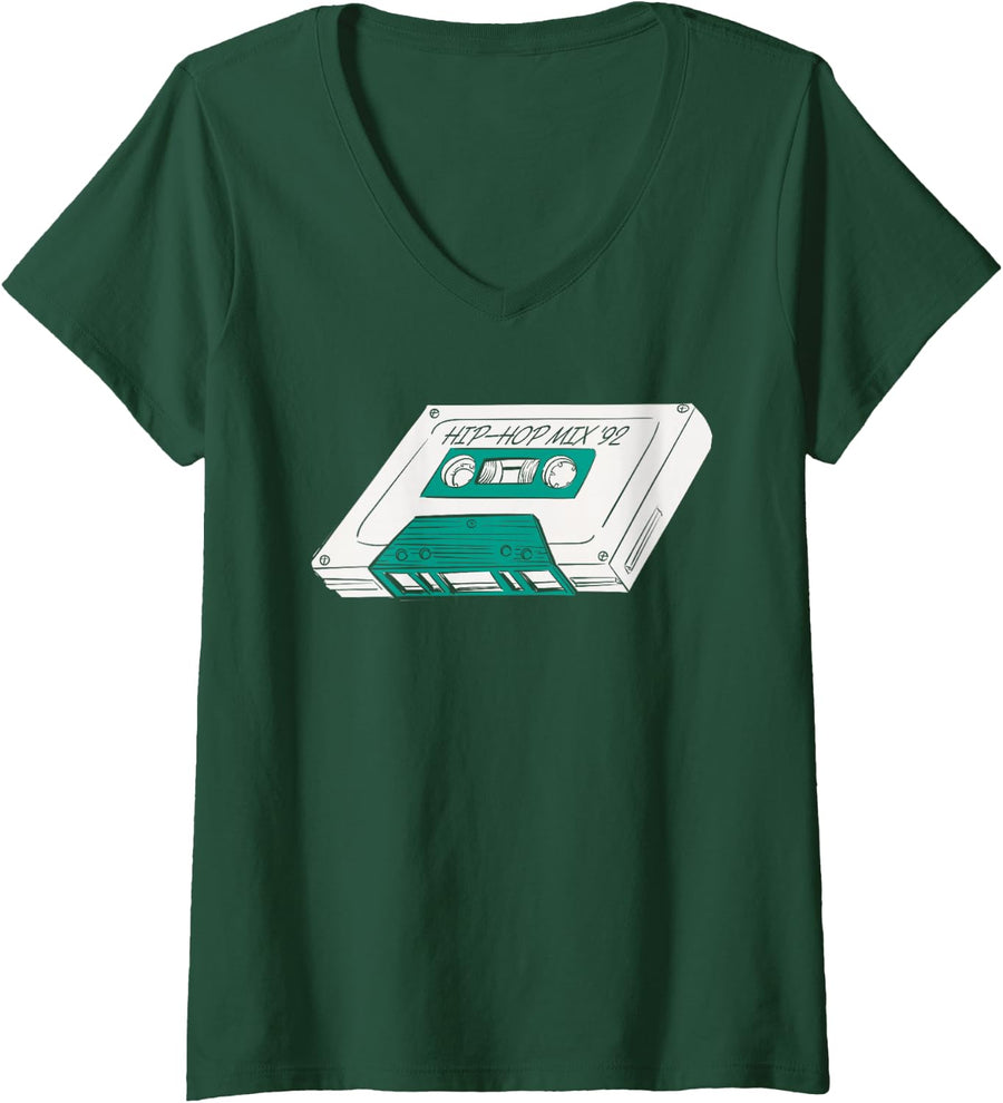 Women's Hip Hop Cassette Mix 90s Old School Rap Music Nostalgia DJ V-Neck T-Shirt - Dark Green