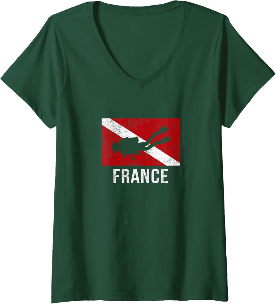 Women's France Scuba Diving Diver Dive Flag Gift V-Neck T-Shirt - Dark Green