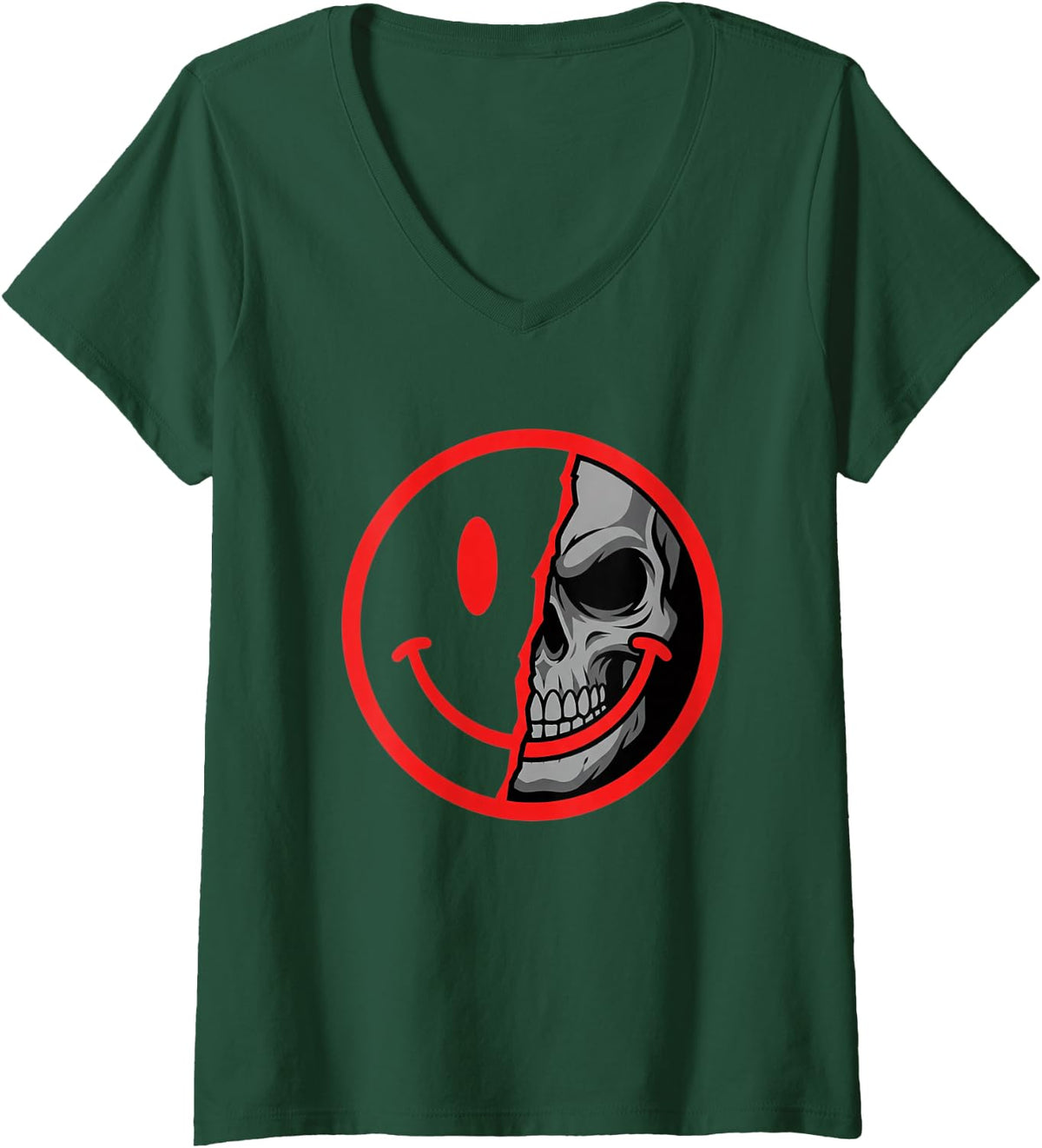 Women's Edgy Half Face Skull Grunge Goth Aesthetic V-Neck T-Shirt - Dark Green