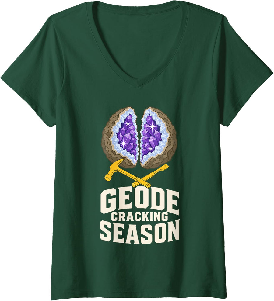Women's Geode Cracking Season Amethyst Rock Hammer Chisel V-Neck T-Shirt - Dark Green