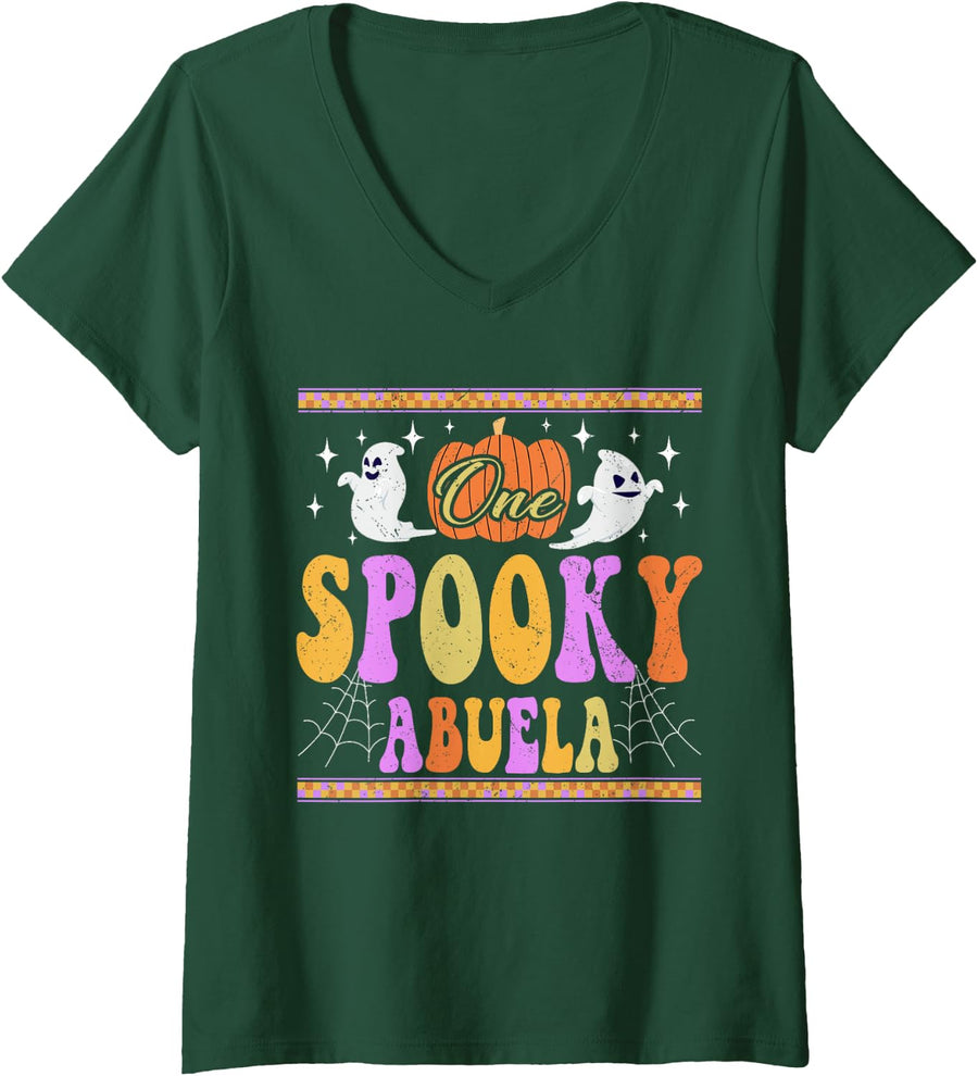 Women's One Spooky Abuela Grandma Halloween Fun Groovy V-Neck T-Shirt - Dark Green