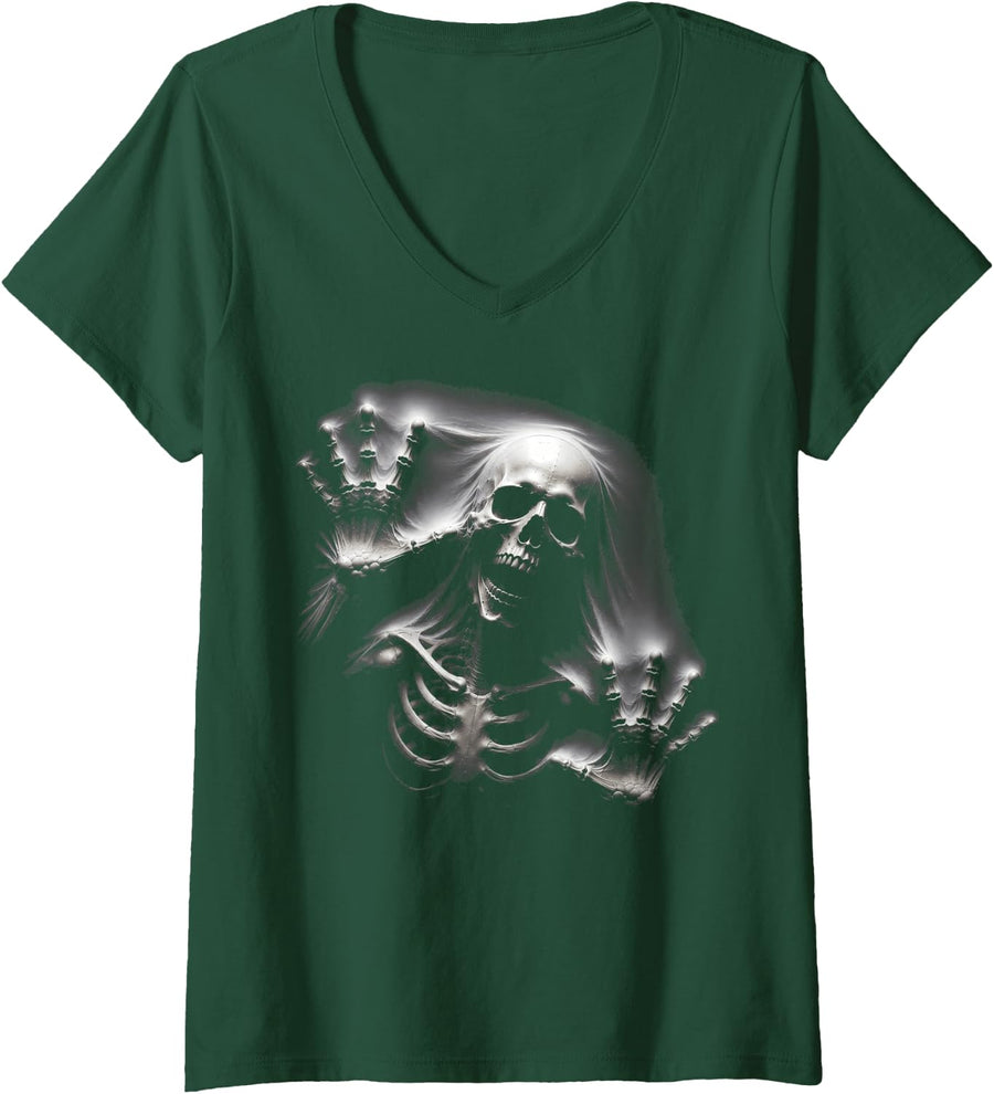 Women's Screaming Skeleton Gothic Horror Punk Hallowen Black Skulls V-Neck T-Shirt - Dark Green