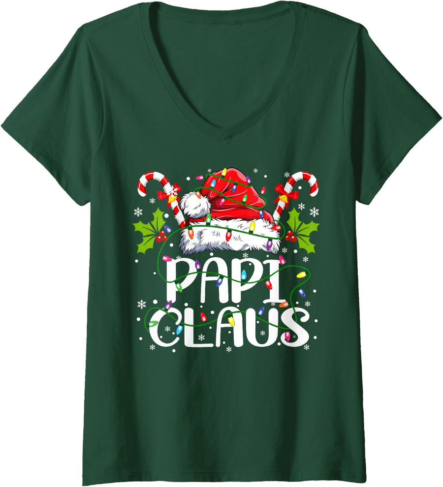 Women's Papi Claus Christmas Lights Pajama Family Matching V-Neck T-Shirt - Dark Green