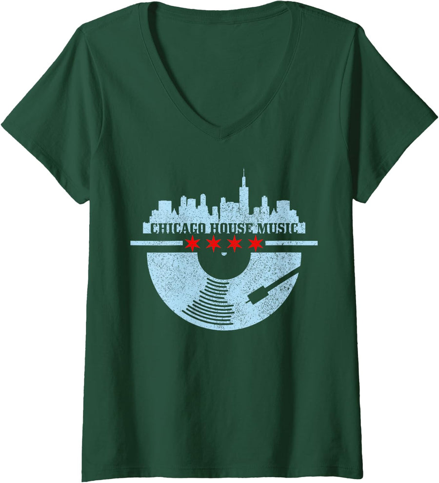 Women's Chicago House Music DJ Raver Vinyl Skyline Retro Vintage V-Neck T-Shirt - Dark Green