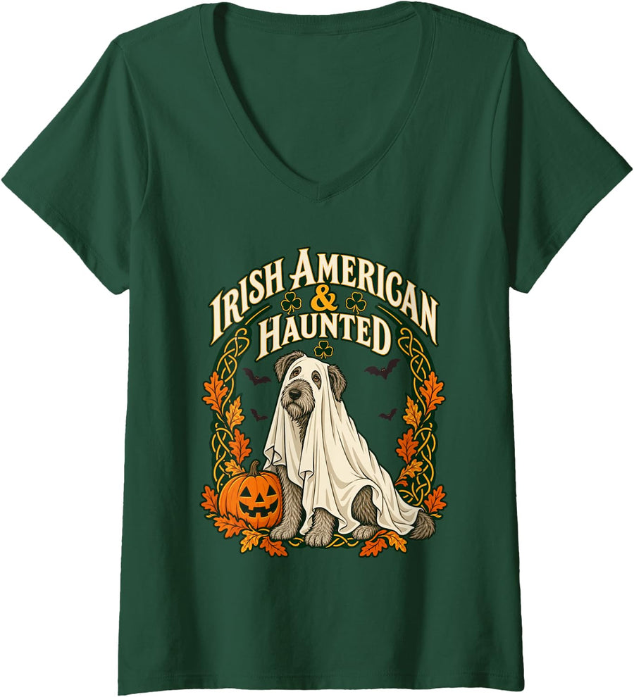 Women's Irish Wolfhound Halloween Ghost Dog Celtic American Pride V-Neck T-Shirt - Dark Green
