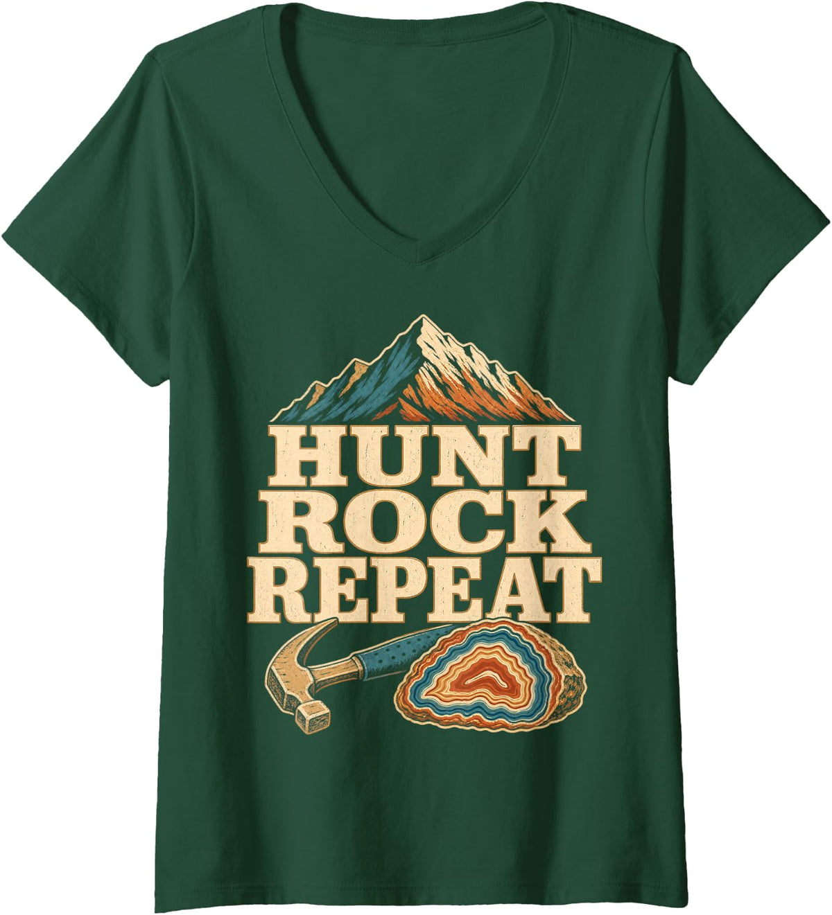 Women's Hunt Rock Repeat Geology Mountain Rockhound V-Neck T-Shirt - Dark Green