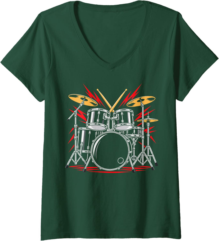 Women's Drum Set Drummer Drumming Rock Music Musician V-Neck T-Shirt - Dark Green