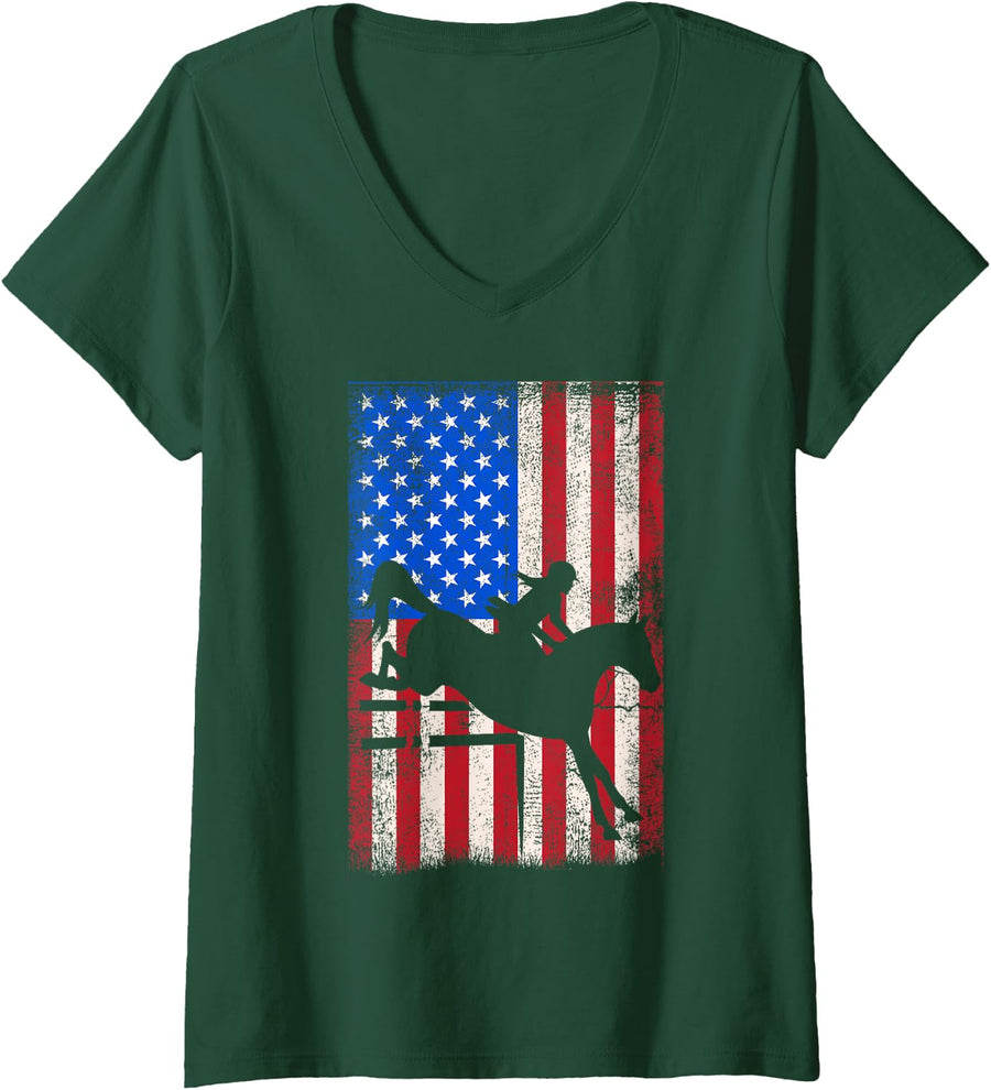 Women's Vintage USA American Flag Equestrian Eventing Horse Rider V-Neck T-Shirt - Dark Green
