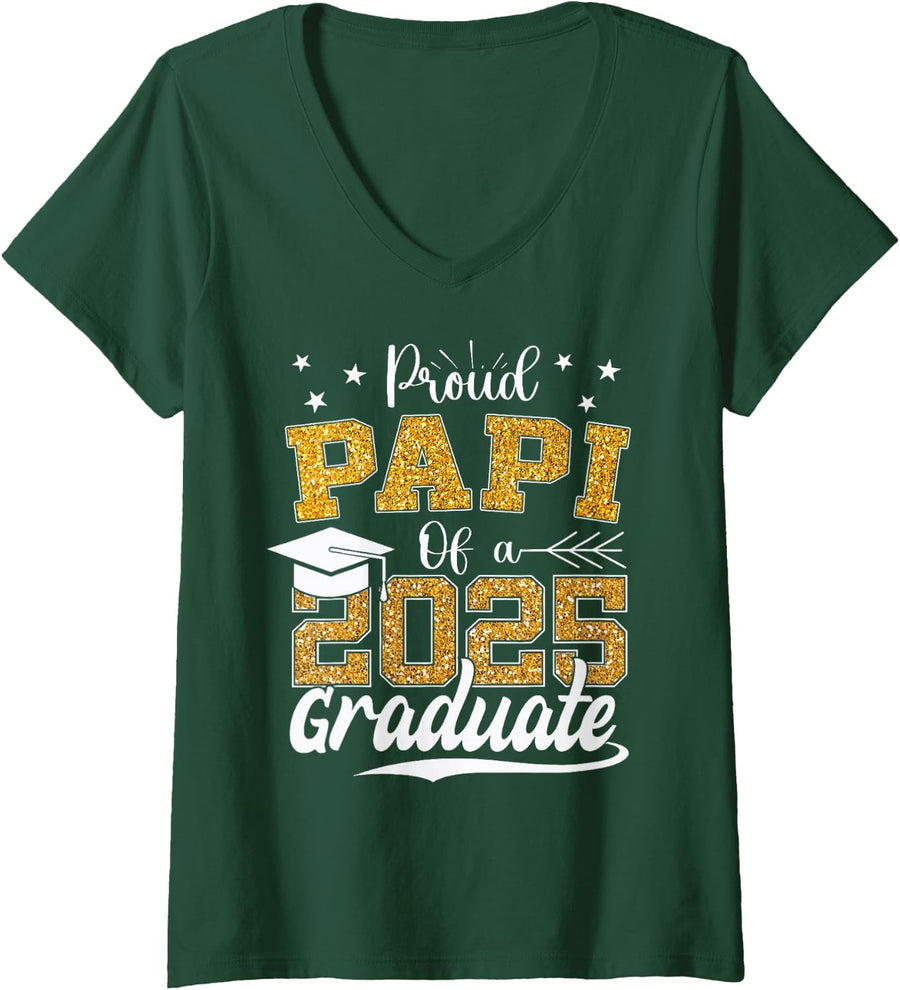 Women's Proud Papi of A Class of 2025 Graduate 2025 Senior Papi V-Neck T-Shirt - Dark Green