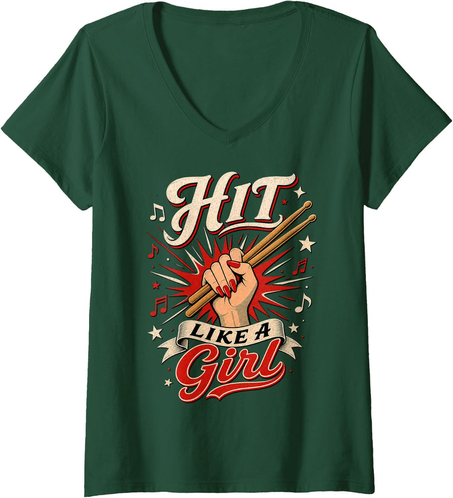 Women's Hit Like A Girl Drummer Graphic Art V-Neck T-Shirt - Dark Green