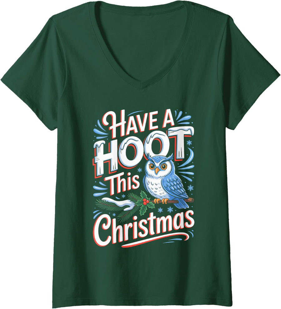Women's Have A Hoot This Christmas Snowy Owl V-Neck T-Shirt - Dark Green