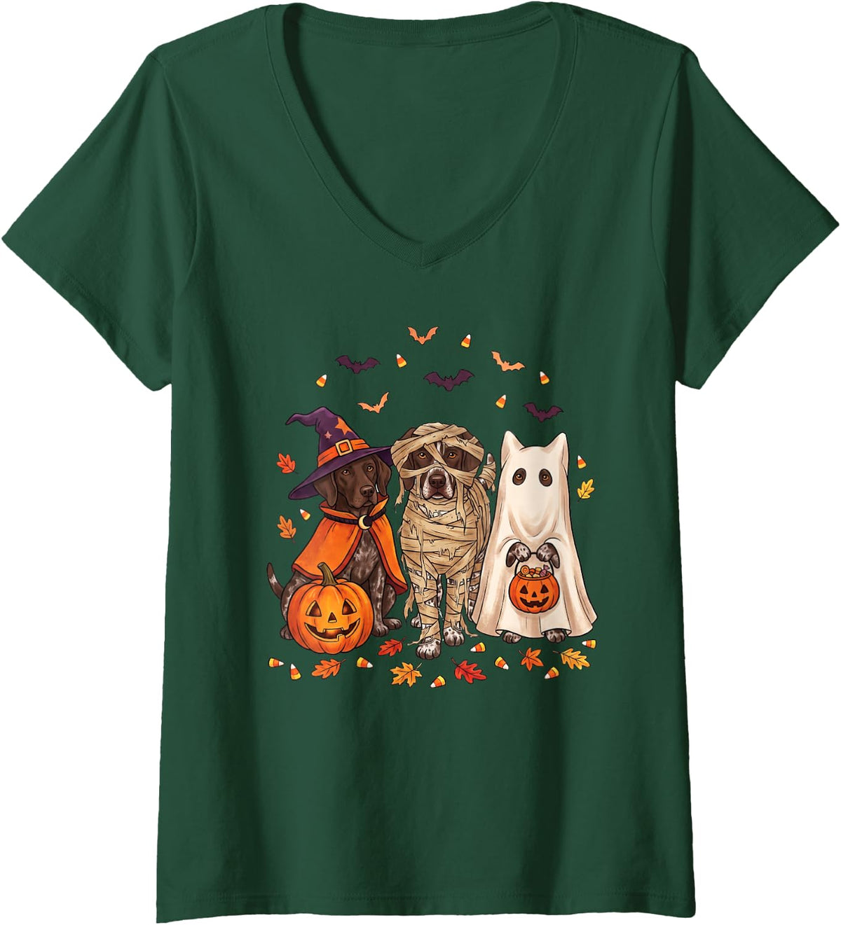 Women's German Shorthaired Pointer Halloween GSP V-Neck T-Shirt - Dark Green