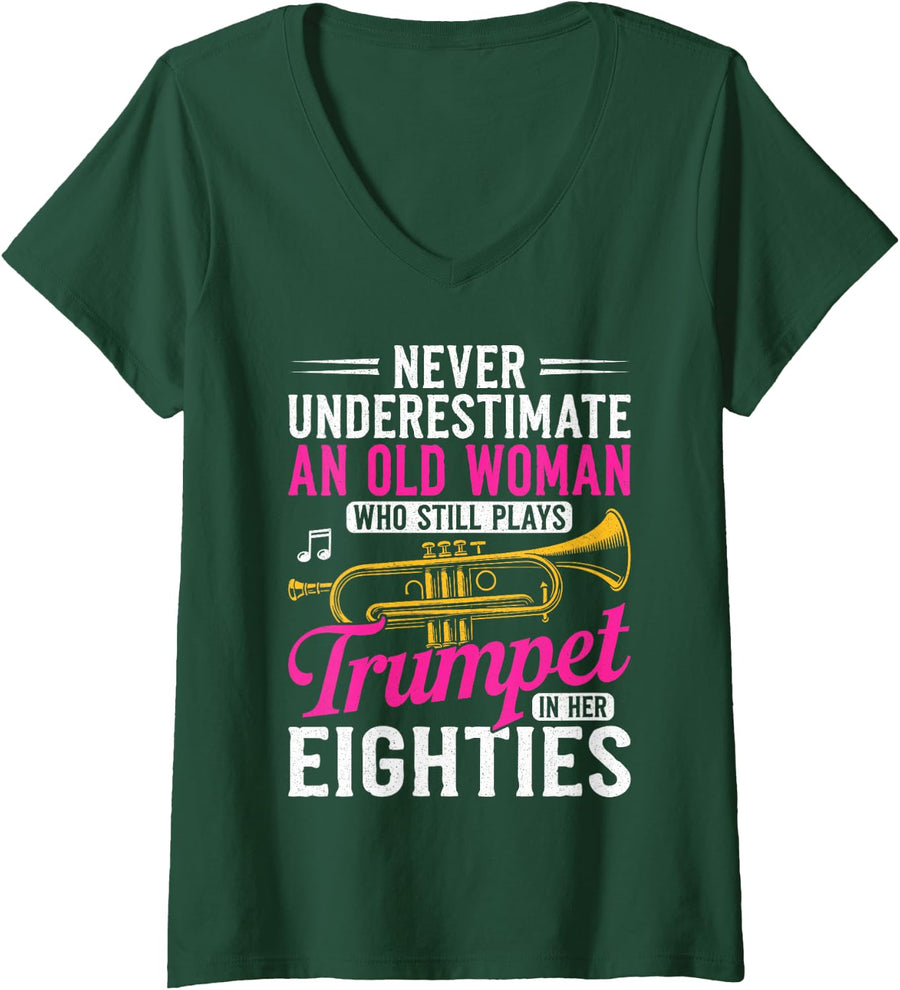 Women's Never Underestimate Old Women 80s Trumpet Player Trumpeter V-Neck T-Shirt - Dark Green