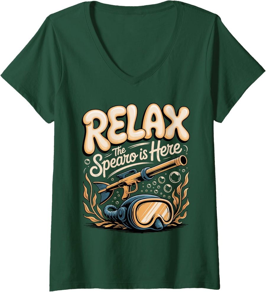 Women's Relax The Spearo is Here Spearfishing Freediving Speargun V-Neck T-Shirt - Dark Green