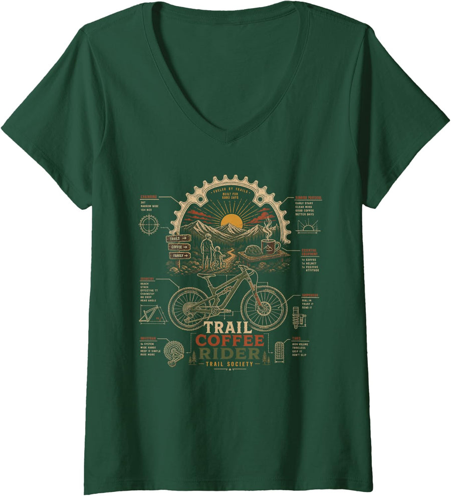 Women's Trail Coffee Rider Mountain Bike Society V-Neck T-Shirt - Dark Green