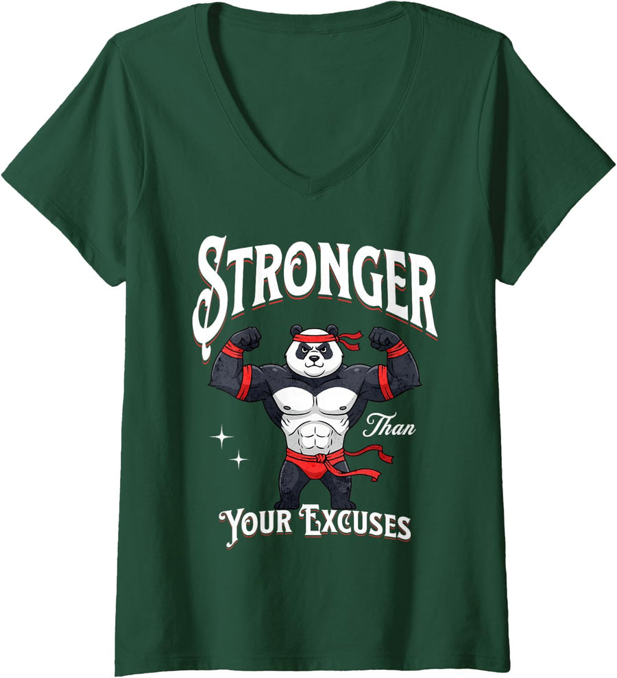 Women's Stronger Than Your Excuses Muscular Gym Panda Workout V-Neck T-Shirt - Dark Green
