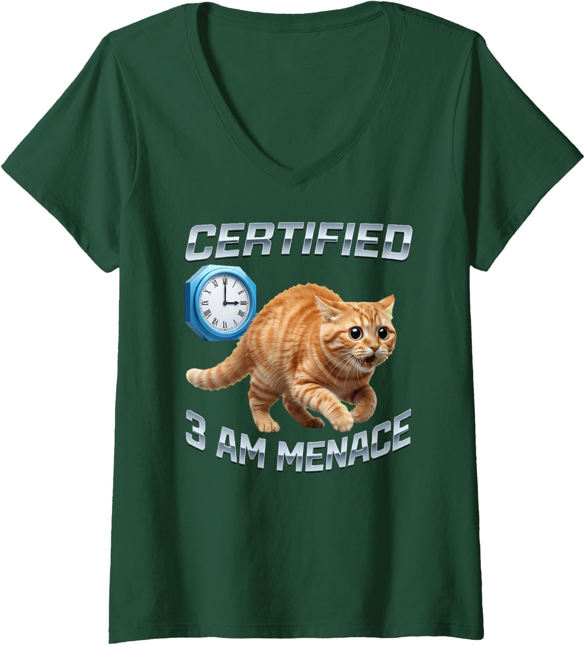 Women's 3 Am Menace Cat Funny Humor Meme Orange Tabby Lover V-Neck T-Shirt - Dark Green