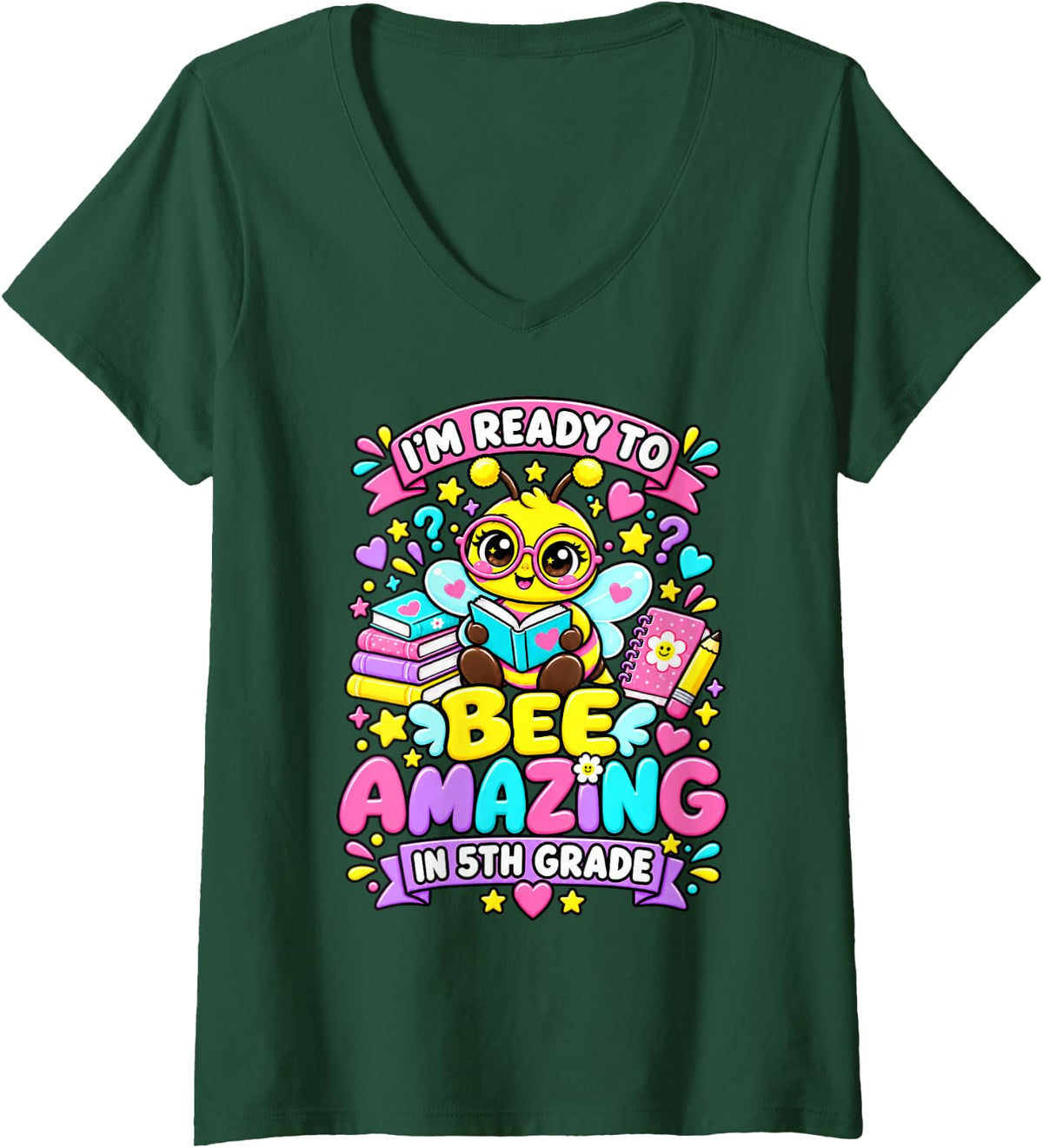 Women's Im Ready to Bee Amazing in 5th Grade Cute Student Outfit V-Neck T-Shirt - Dark Green