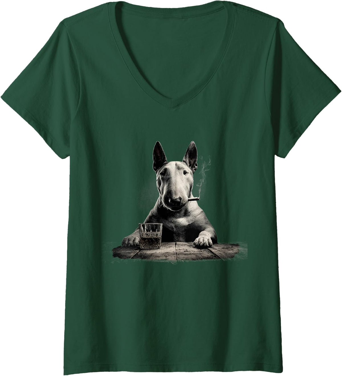 Women's Vintage Smoking Bull Terrier Funny Dog Father's Day V-Neck T-Shirt - Dark Green