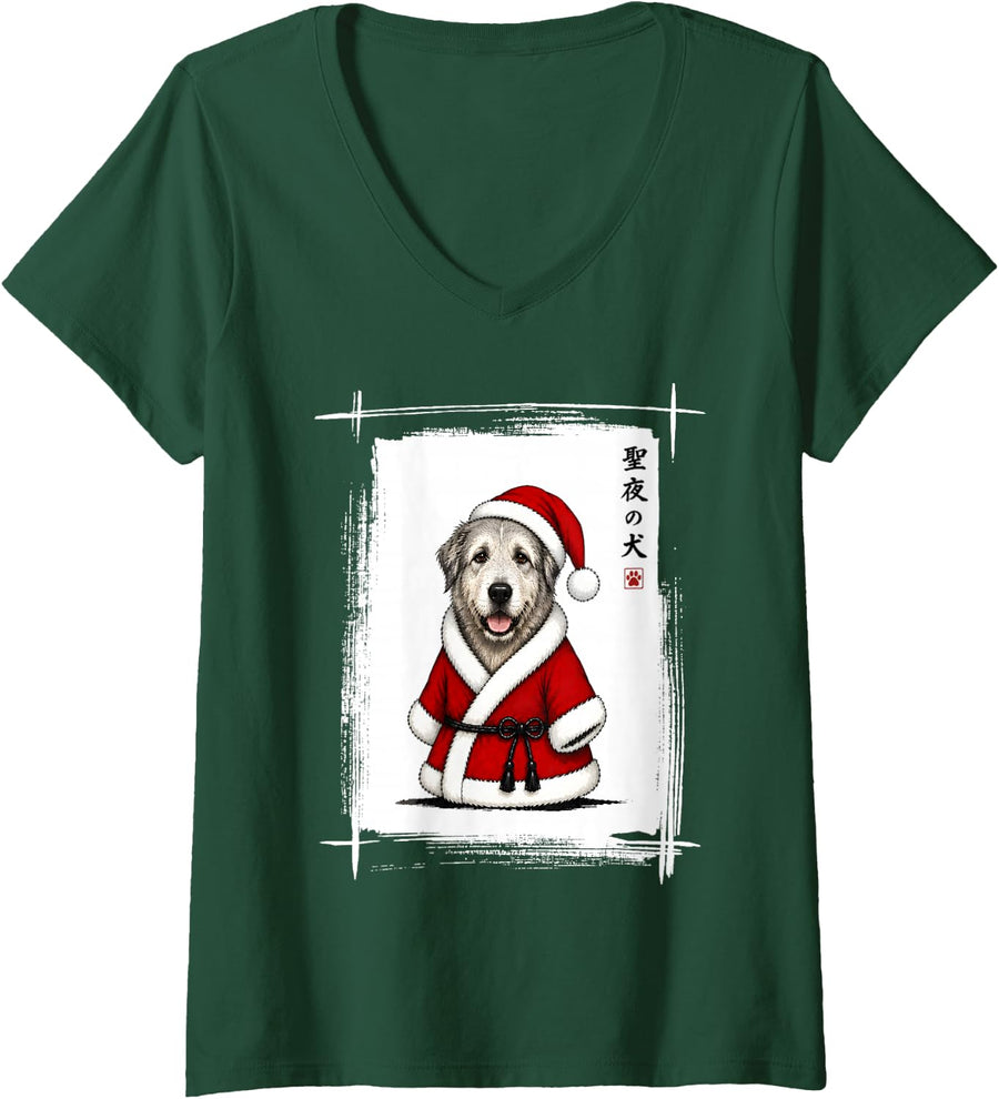 Women's Irish Wolfhound Christmas Japanese Art Funny Irish Wolfhound V-Neck T-Shirt - Dark Green