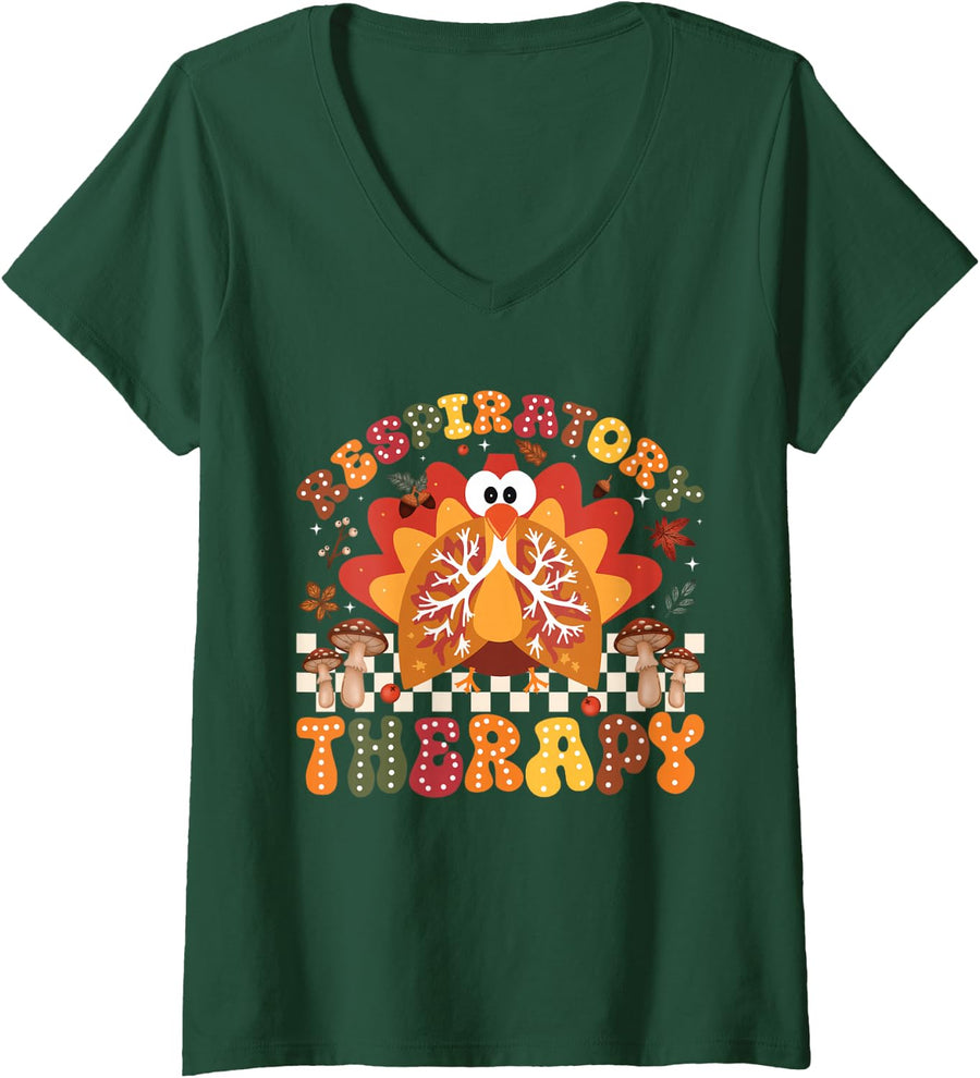 Women's Thanksgiving Respiratory Therapy Therapist Fall Autumn Nurse V-Neck T-Shirt - Dark Green
