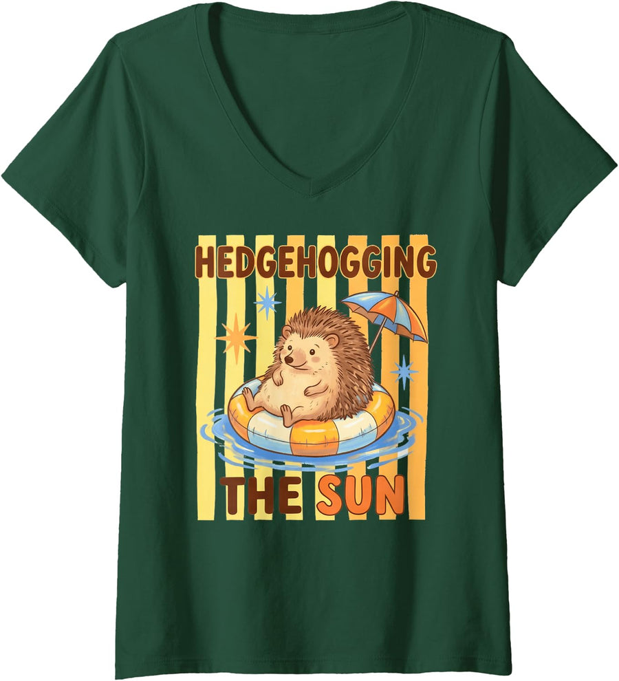 Women's Hedgehogging The Sun Cute Summer Hedgehog V-Neck T-Shirt - Dark Green