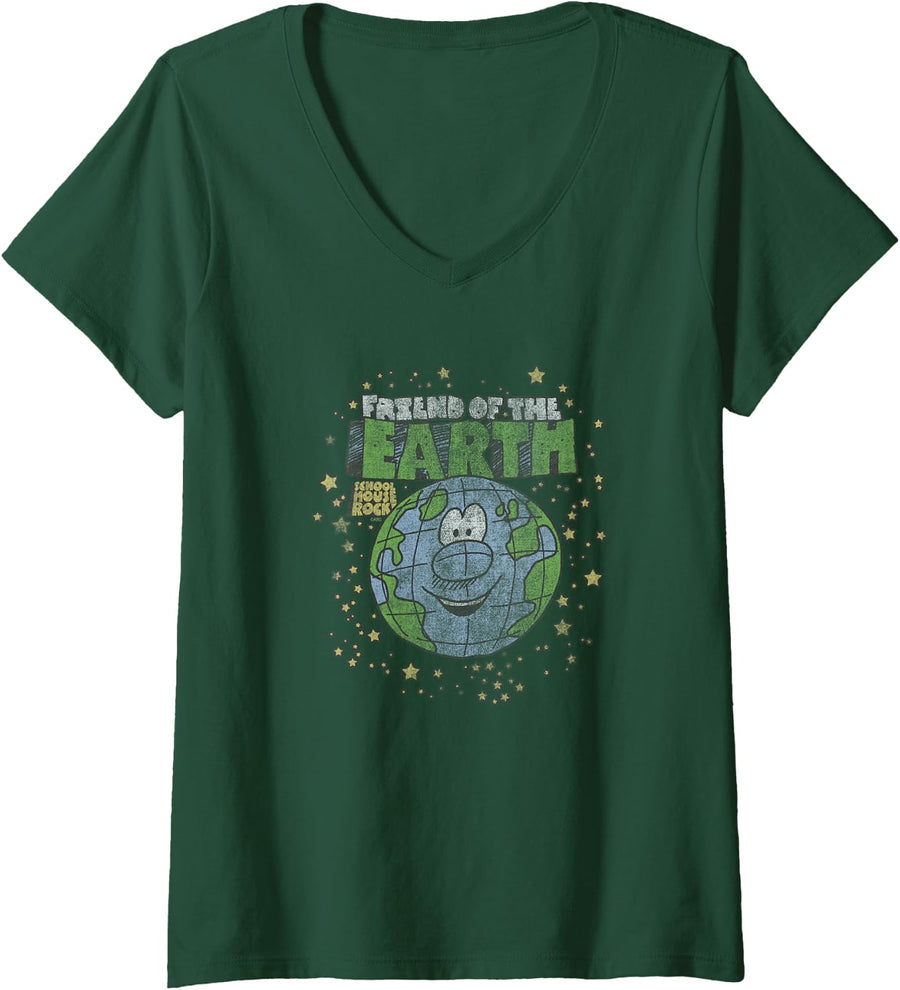 Women's Schoolhouse Rock Friend of the Earth Vintage Distressed TV V-Neck T-Shirt - Dark Green