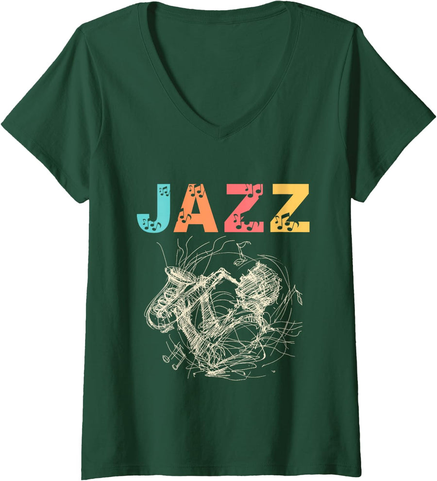 Women's Jazz Music Saxophone Concert Trumpet Piano Orchestra Band up V-Neck T-Shirt - Dark Green