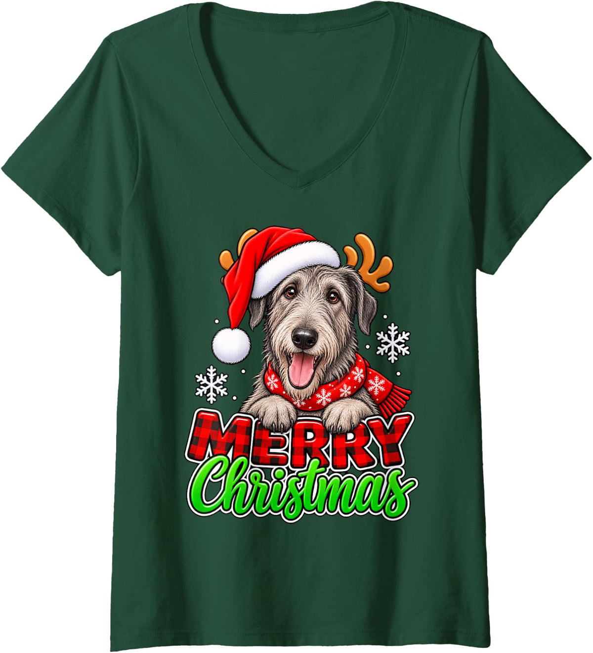 Women's Funny Irish Wolfhound Merry Christmas Santa Reindeer Dog V-Neck T-Shirt - Dark Green