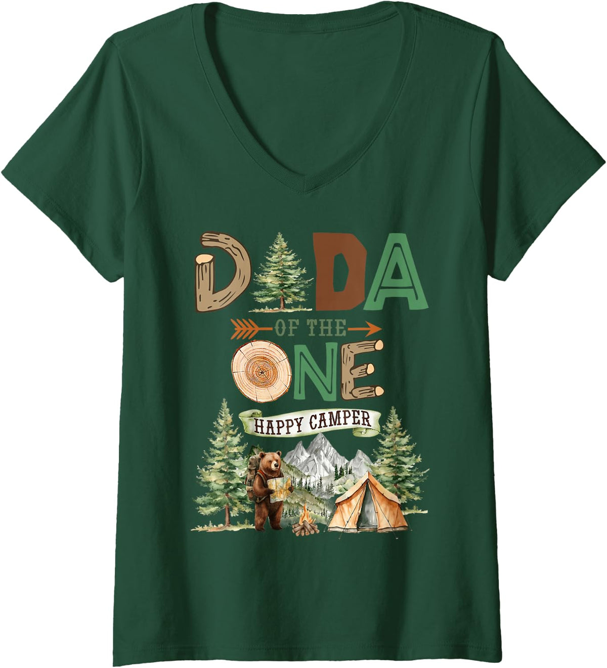 Women's Dada of The One Happy Camper 1st Birthday Camping V-Neck T-Shirt - Dark Green