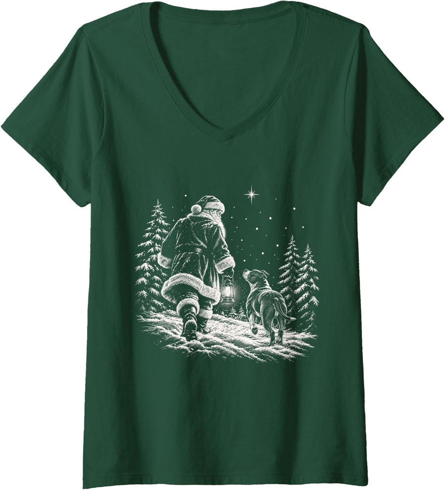 Women's American Pit Bull Terrier Christmas Dog Walking with Santa V-Neck T-Shirt - Dark Green
