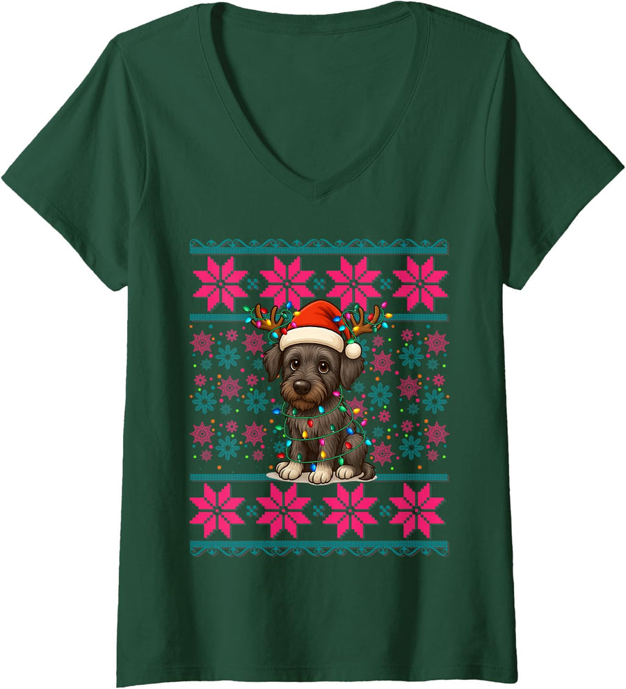 Women's Reindeer Santa Hat Ugly Christmas Irish Wolfhound Dog Girls V-Neck T-Shirt - Dark Green
