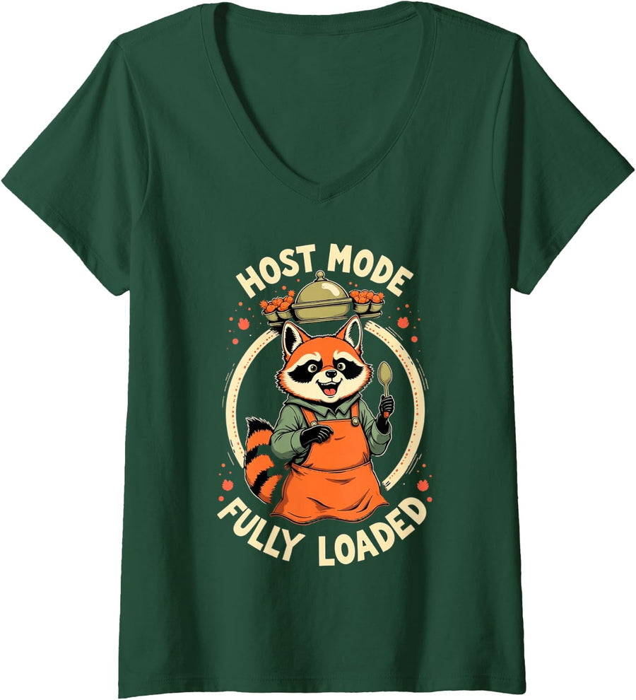 Women's Friendsgiving Party Host Trash Panda Foodie V-Neck T-Shirt - Dark Green