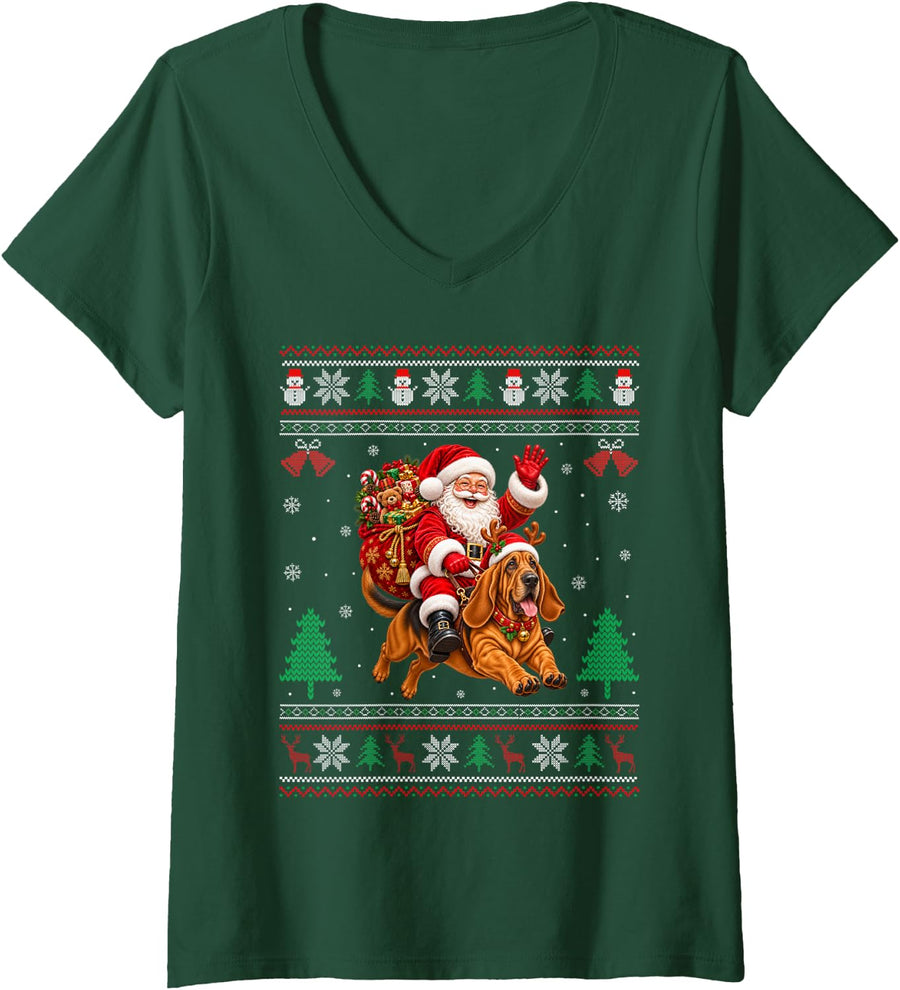 Women's Bloodhound Ugly Christmas Sweater Santa Riding Dog Xmas V-Neck T-Shirt - Dark Green