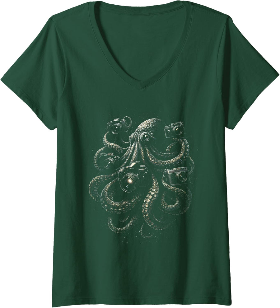 Women's Photographer Octopus Camera Vintage Art Men Photography Lens V-Neck T-Shirt - Dark Green