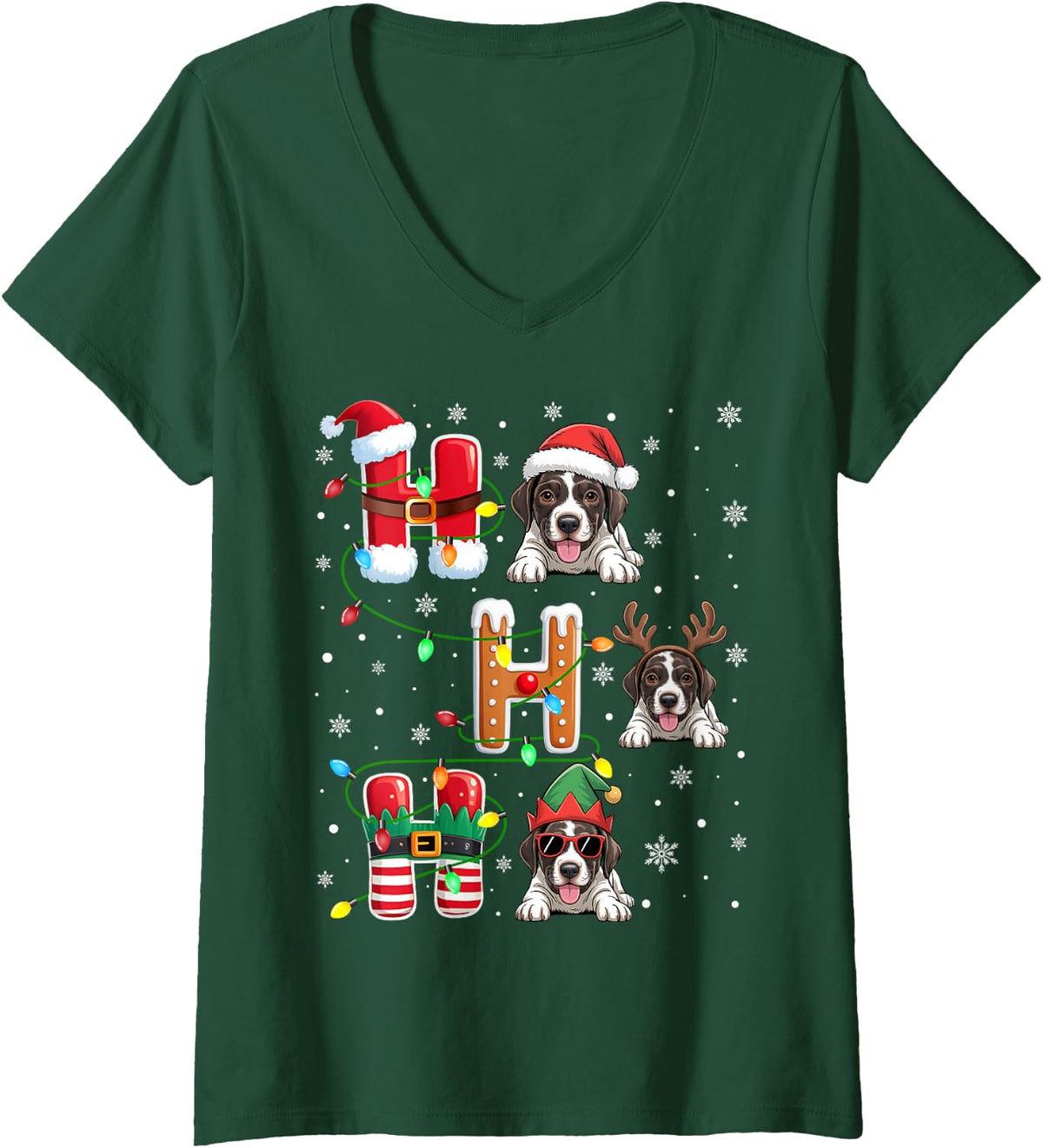 Women's Ho Ho Ho Xmas Pajama Matching German Shorthaired Pointer V-Neck T-Shirt - Dark Green