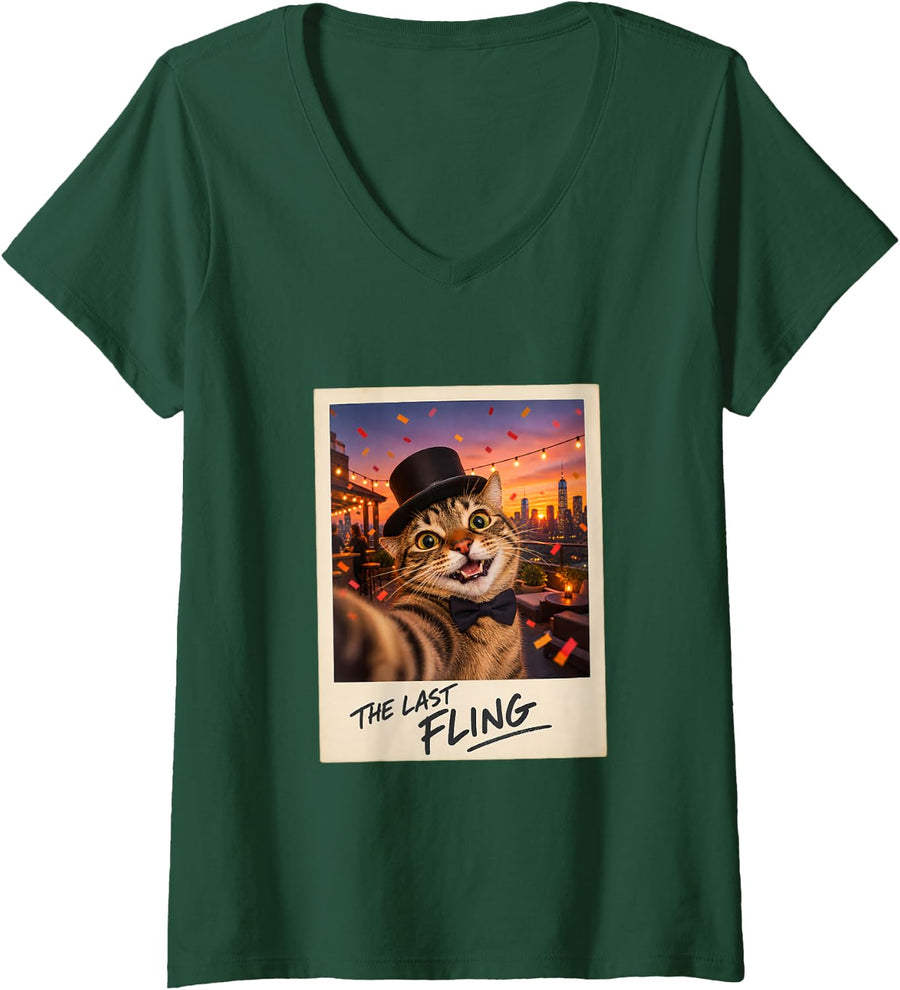 Women's The Last Fling Tabby Cat Selfie Funny Bachelorette V-Neck T-Shirt - Dark Green