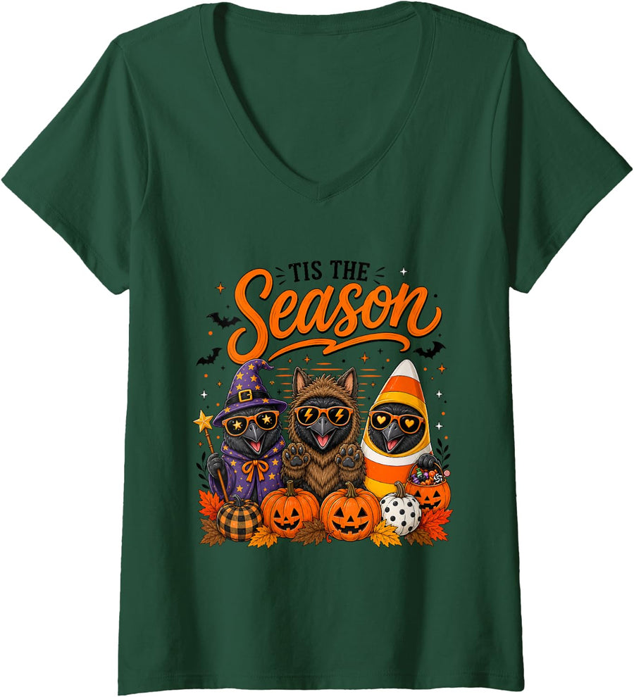Women's Tis The Season Halloween Raven Pumpkin Costume V-Neck T-Shirt - Dark Green