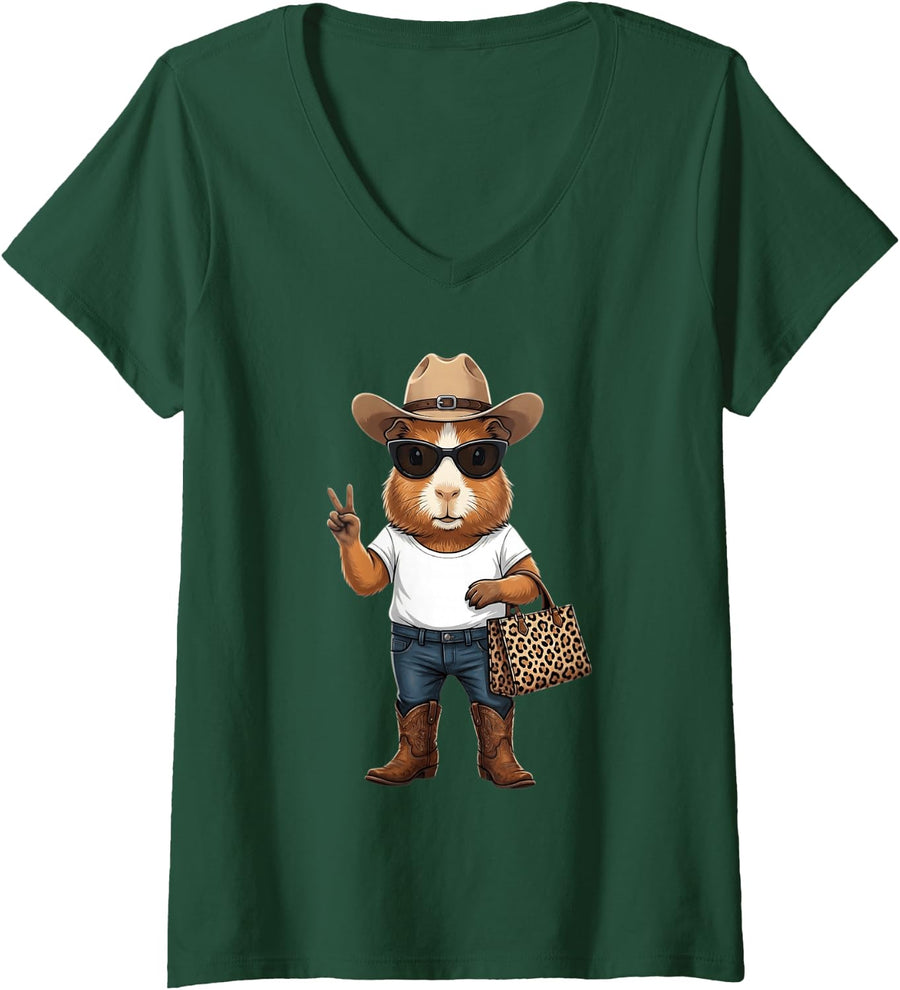 Women's Cool Guinea Pig Lover Graphic Women Girls V-Neck T-Shirt - Dark Green